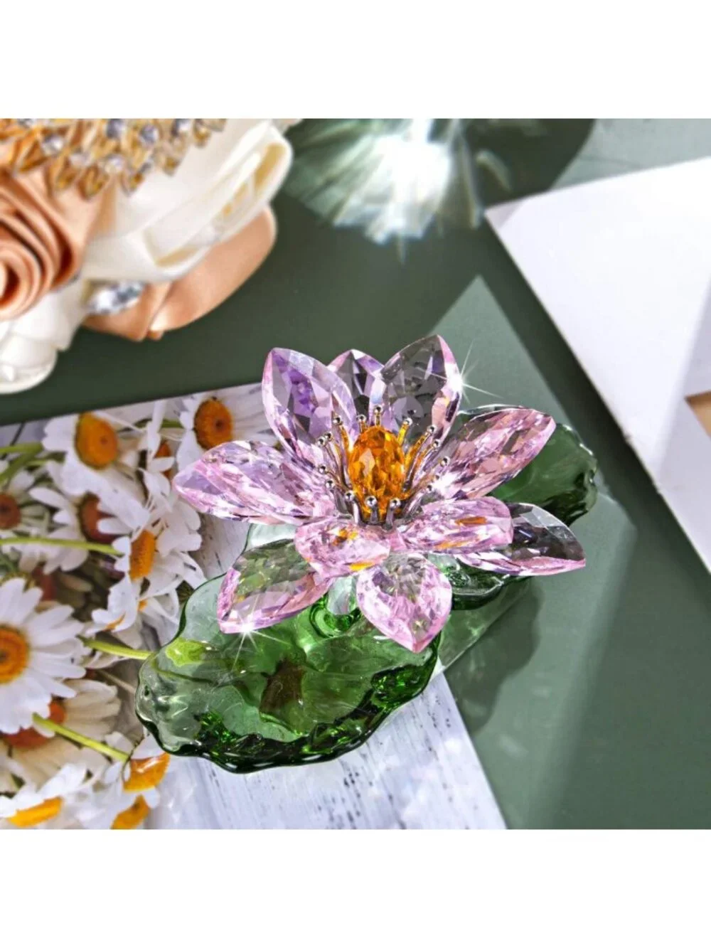 Pink Sparkle Crystal Lotus Flower Decor | Feng Shui Home Accent | Gift-Ready